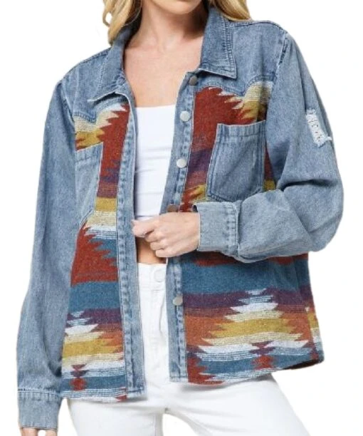 Blue B Women's Aztec & Denim Rust Shacket